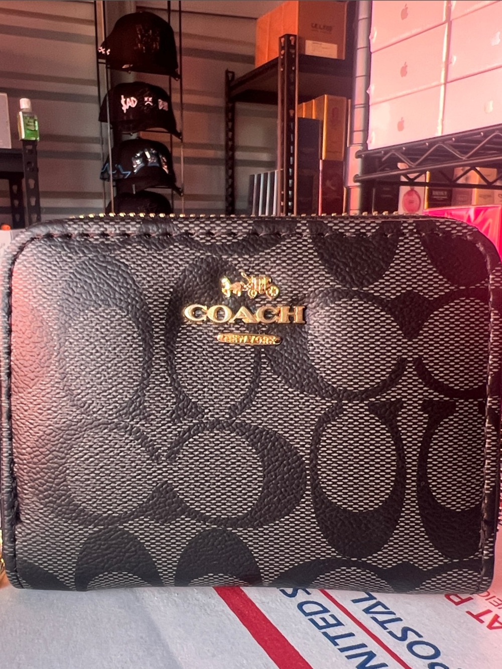 COACH Black Signature Zip Card Holder with Gold Logo